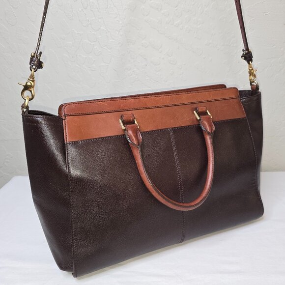 Brahmin Two-Tone Brown Crossgrain Leather & Leather Structured Crossbody Satchel - Picture 6 of 15
